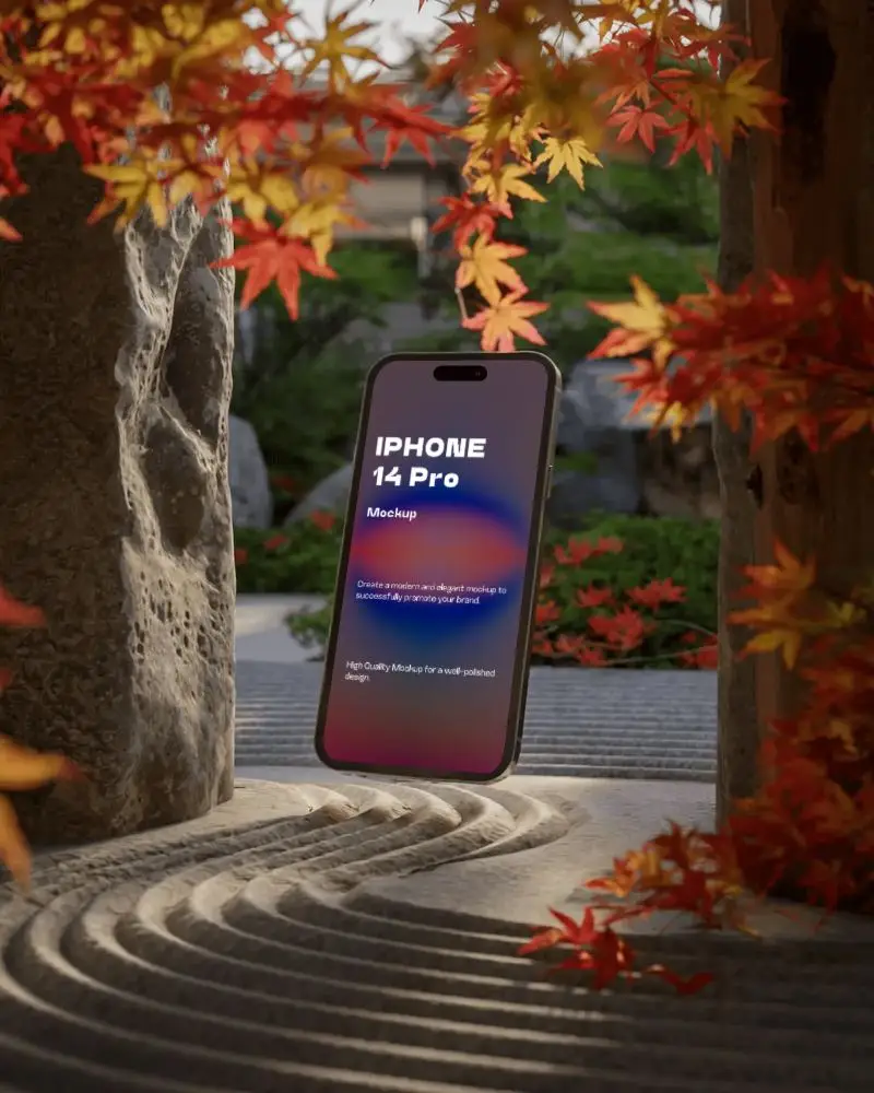 Iphone 14 Pro Mockup In Japanese Garden With Autumn Maple Leaves And Raked Stone Path
