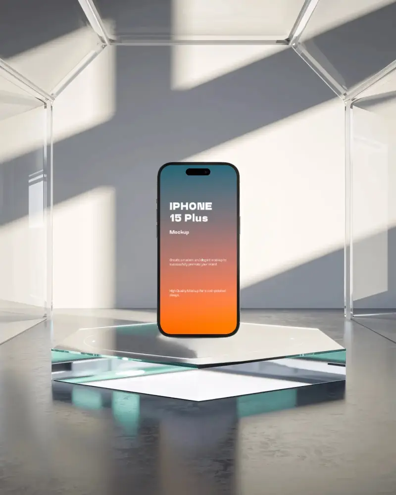 Minimal Glass Room Iphone 15 Plus Mockup Floating On Hexagonal Stand With Angled Light Beams