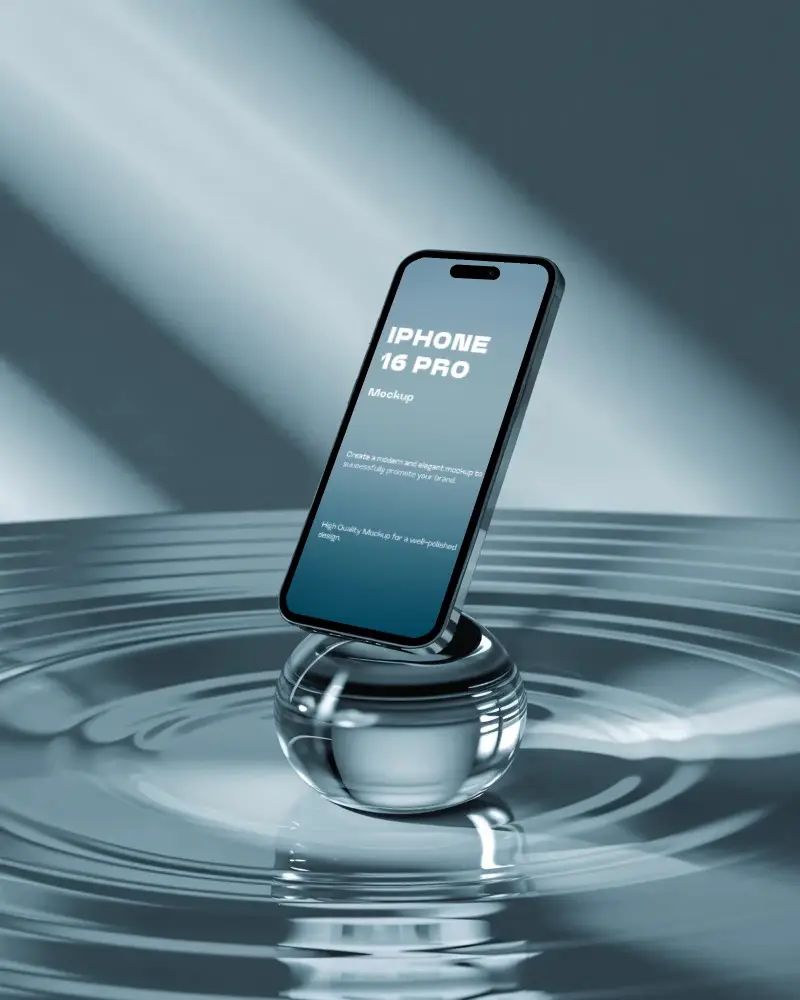 Iphone 16 Pro Mockup On Glass Sphere In Metallic Ripple Pool With Soft Directional Light