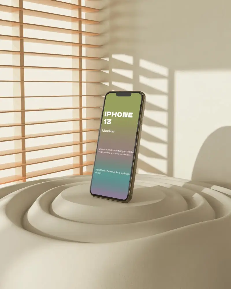 Soft Ripple Platform Iphone 13 Mockup In Minimal Studio With Window Shadow Patterns