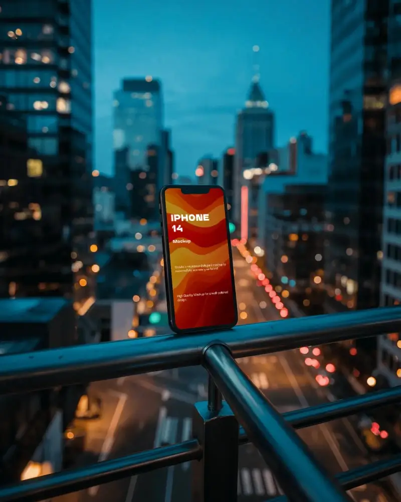 Iphone 14 Mockup On Metal Railing With Blurred City Lights And Blue Hour Skyline Backdrop