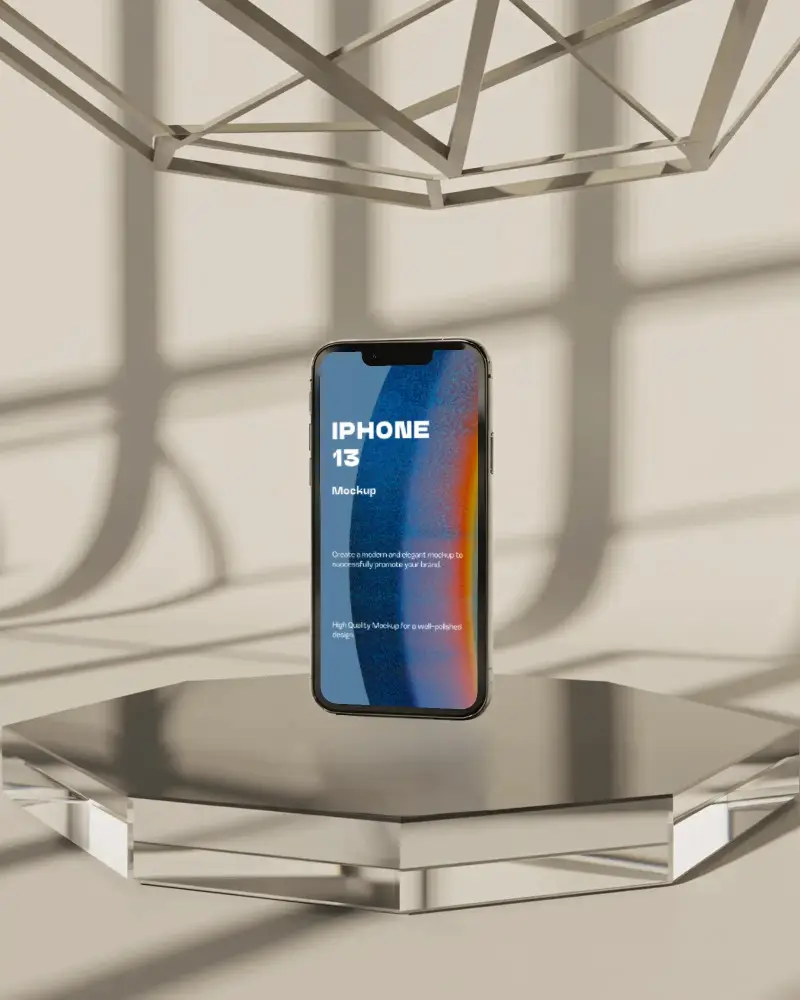 Iphone 13 Mockup Floating Display On Transparent Hex Stand In Arched Shadow Sunlit Environment