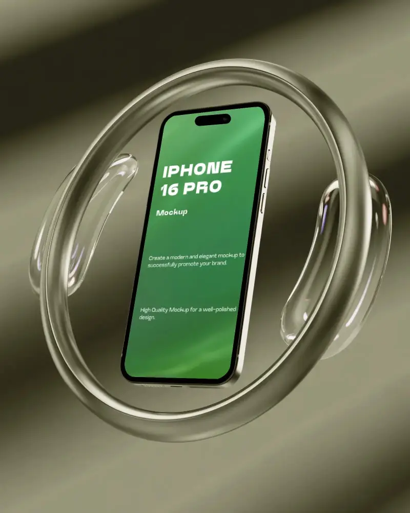 Iphone 16 Pro Mockup Floating In Transparent Ring Structure With Soft Shadow Lighting