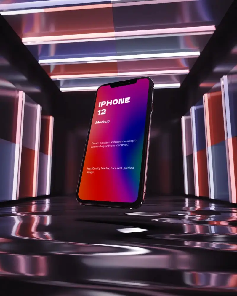 Iphone 12 Mockup Floating In Glossy Neon Room With Led Lights And Reflective Surfaces