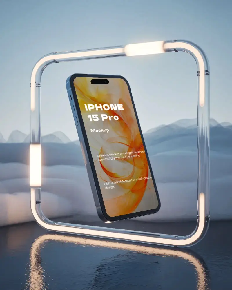 Iphone 15 Pro Mockup Floating In Led Frame With Snowy Hills And Glass Floor Reflection