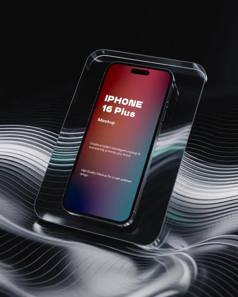 Iphone 16 Plus Mockup In Glass Frame Over Dynamic Light Waves And Black Studio Backdrop