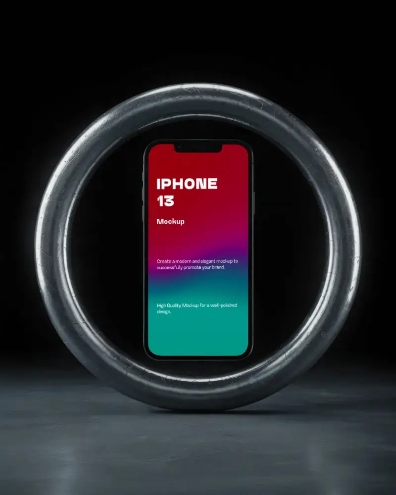 futuristic-iphone-13-mockup-inside-metal-ring-with-dramatic-dark-lighting