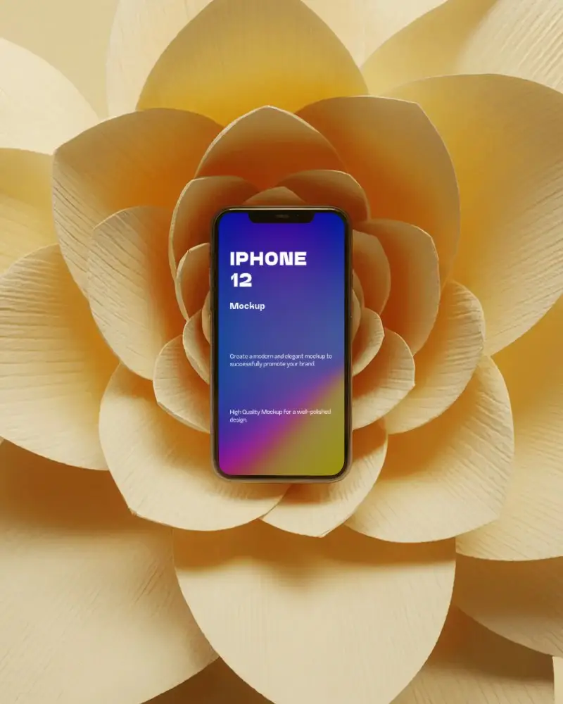 floral-iphone-12-mockup-in-large-yellow-paper-flower-petal-backdrop