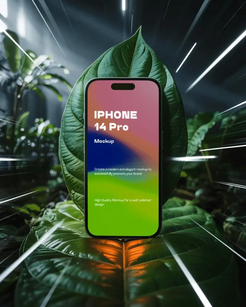 iphone-14-pro-mockup-in-lush-jungle-setting-with-dramatic-light-streaks-and-leaf-backdrop