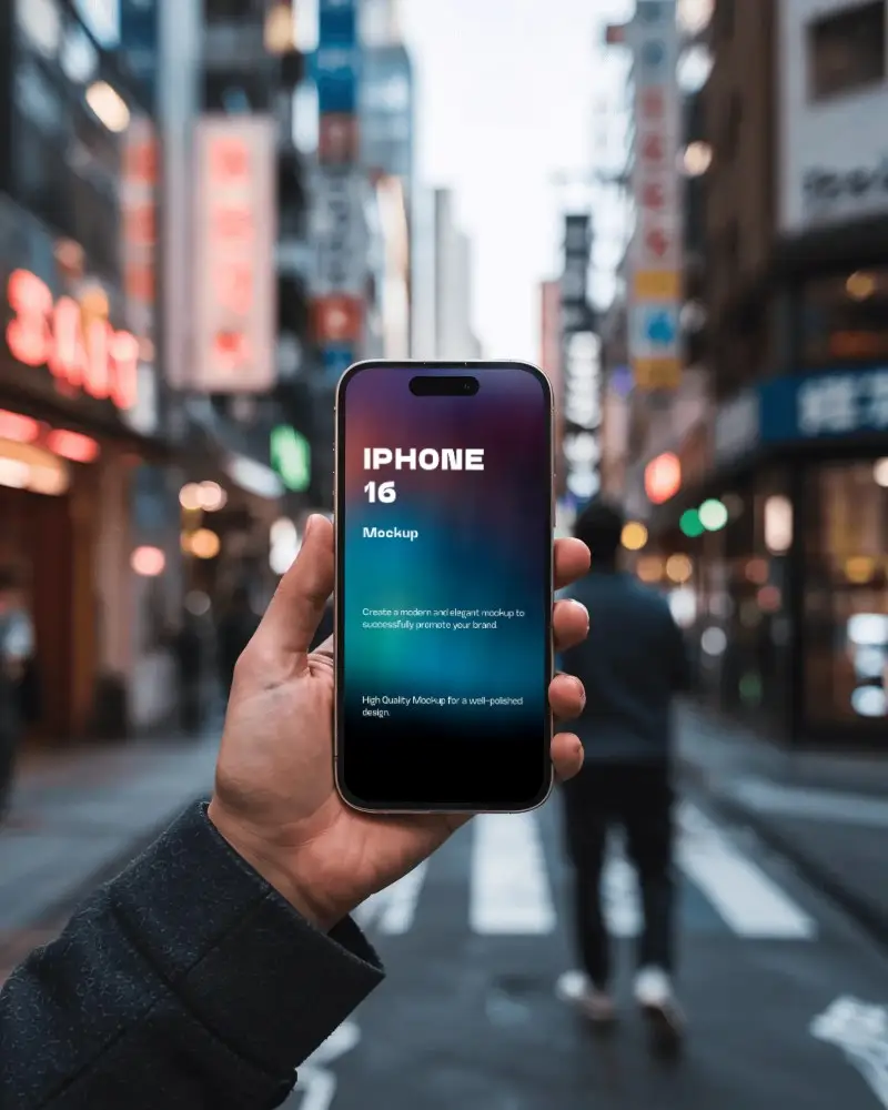 iphone-16-mockup-hand-holding-smartphone-in-busy-urban-street-with-neon-signs