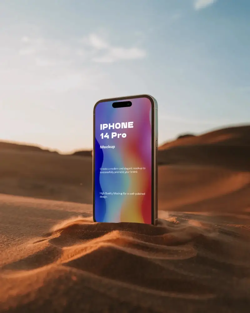scenic-iphone-14-pro-mockup-phone-in-sand-under-sand-warm-evening-light