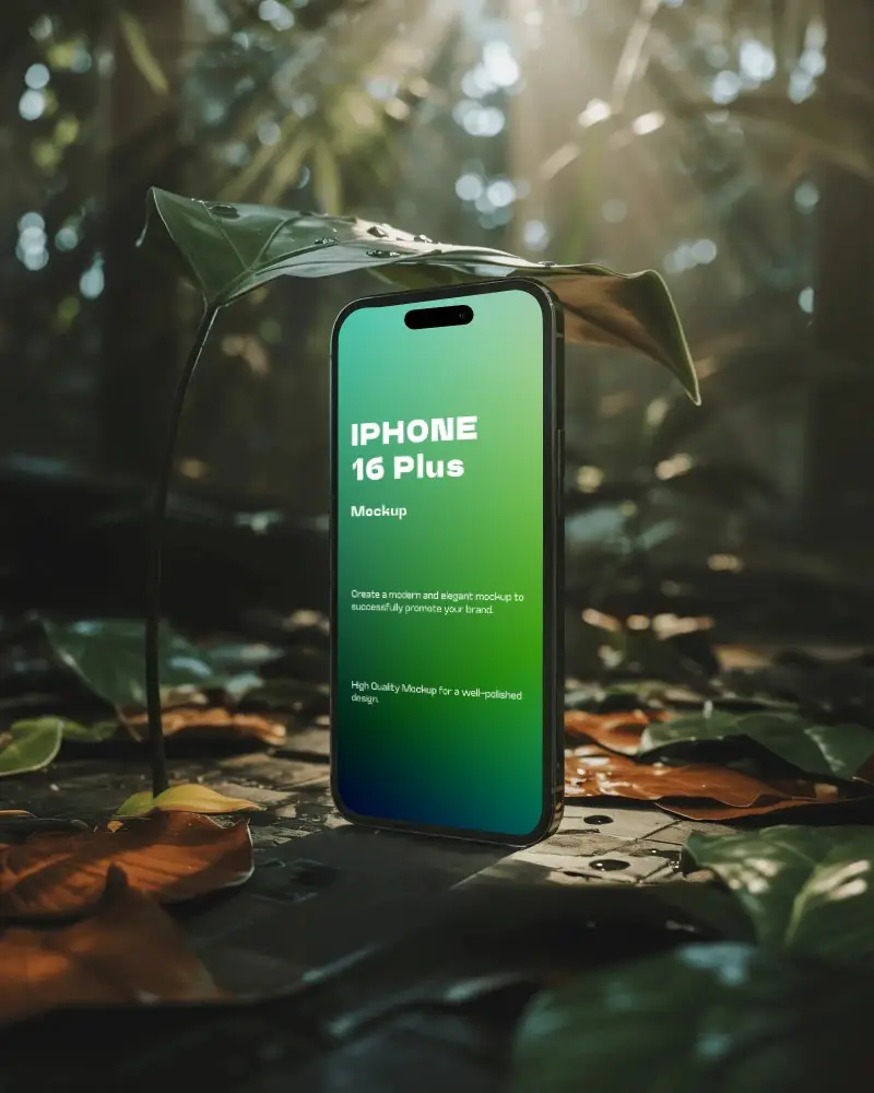 iphone-16-plus-mockup-smartphone-standing-on-forest-floor-under-leaf-shelter-in-sunlight
