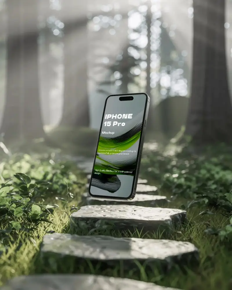 iphone-15-pro-mockup-smartphone-floating-over-stone-path-in-sunlit-forest