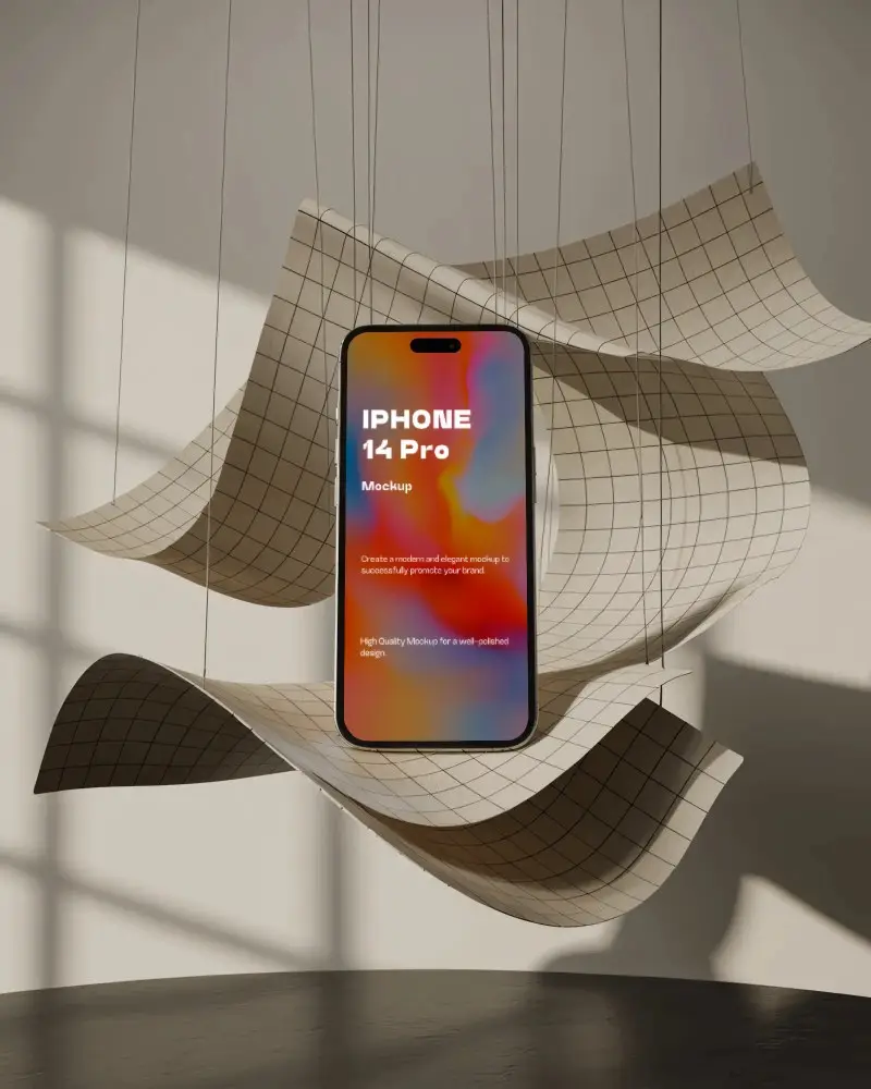 Artistic Iphone 14 Pro Mockup Smartphone Floating Amid Hanging Grid Paper Sheets In Soft Studio