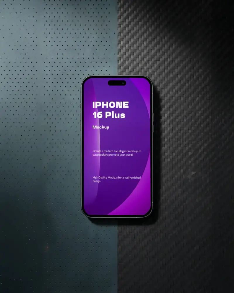 modern-iphone-16-plus-mockup-smartphone-flatlay-on-carbon-fiber-and-metal-surface-in-studio-light