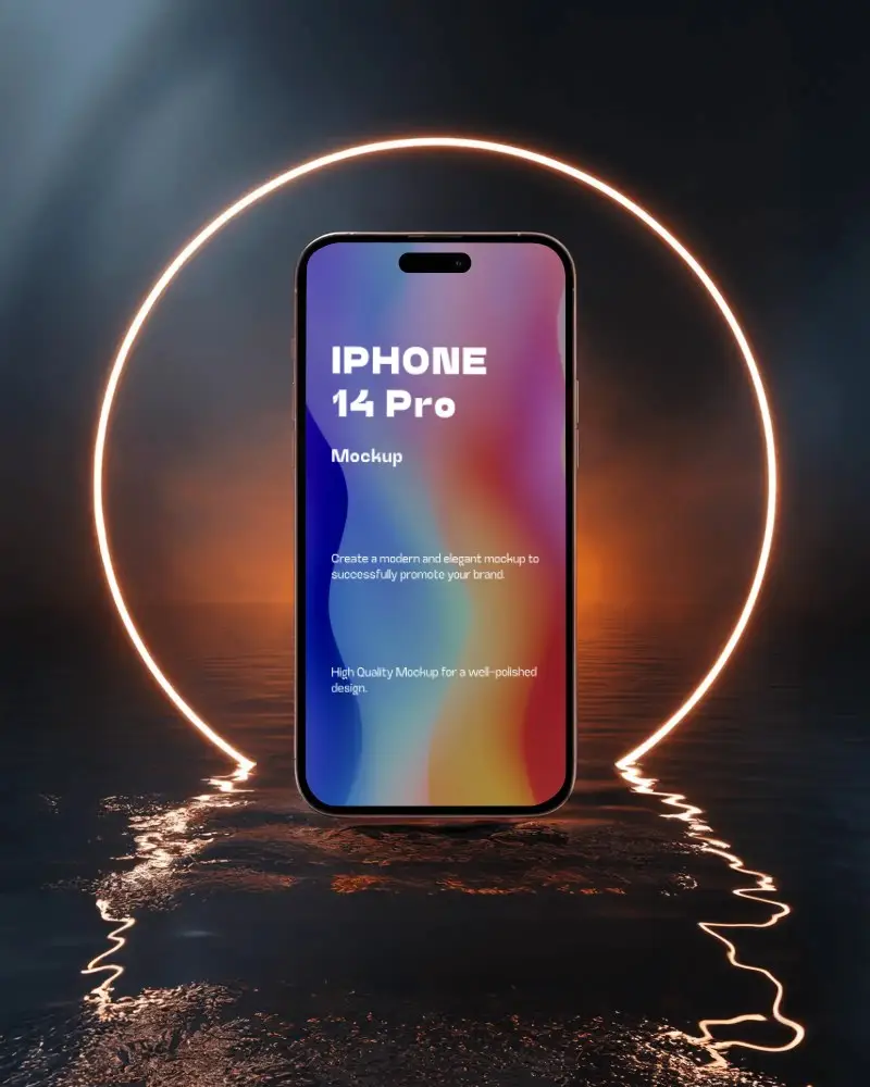 futuristic-iphone-14-pro-mockup-smartphone-standing-in-front-of-glowing-neon-ring-over-water-scene
