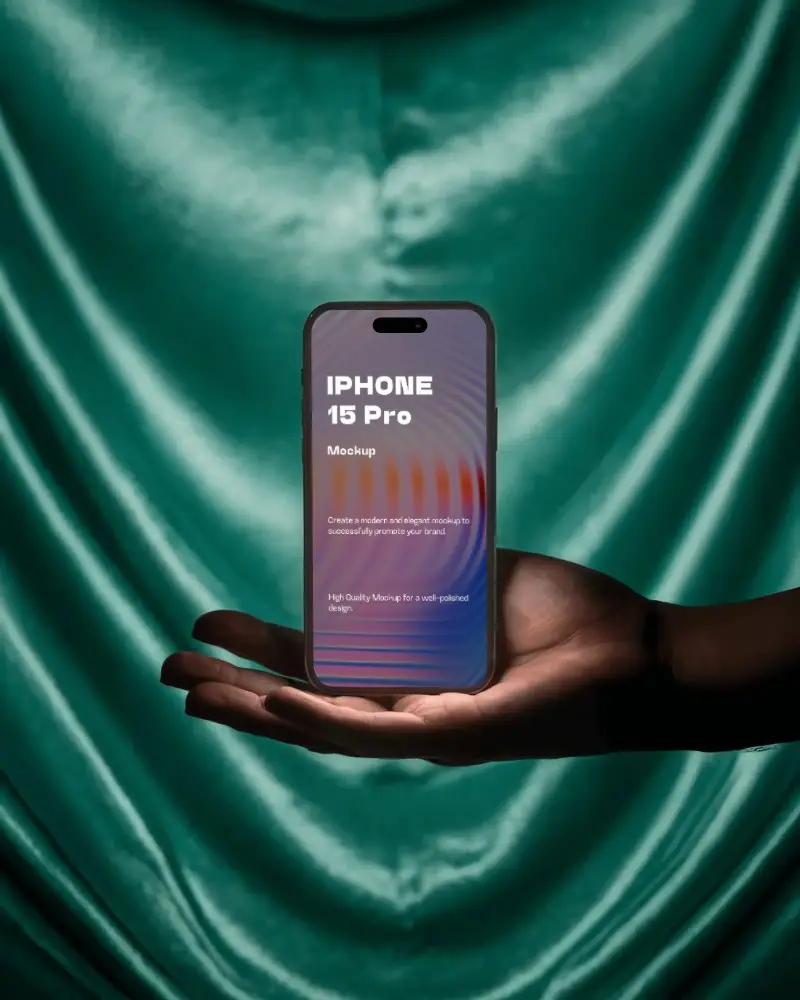 elegant-iphone-15-pro-mockup-smartphone-displayed-on-hand-with-luxury-green-silk-curtain-backdrop