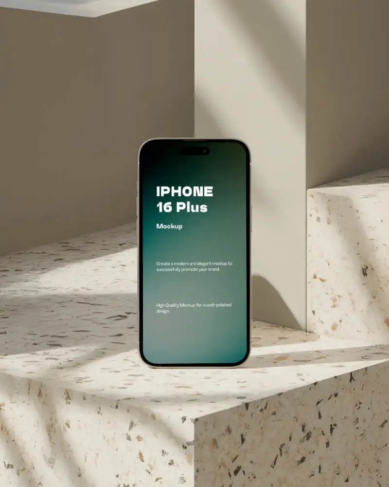 modern-iphone-16-plus-mockup-smartphone-standing-on-terrazzo-stone-surface-in-minimal-studio-light
