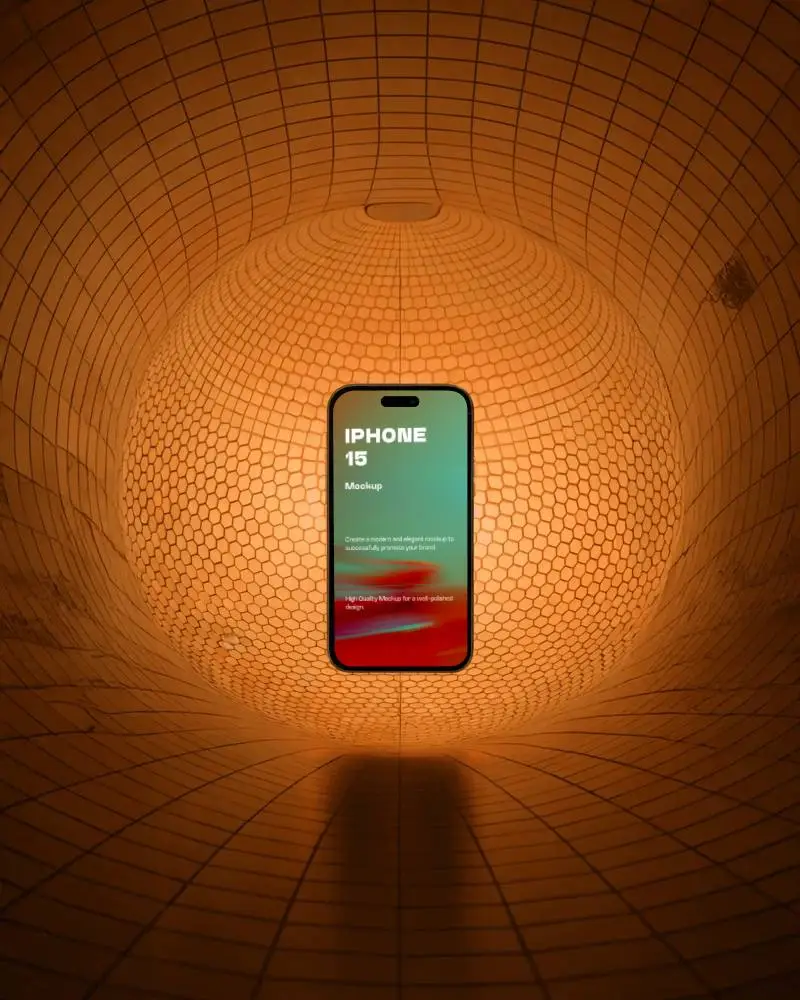 futuristic-iphone-15-mockup-smartphone-floating-in-orange-glowing-grid-tunnel-with-modern-light