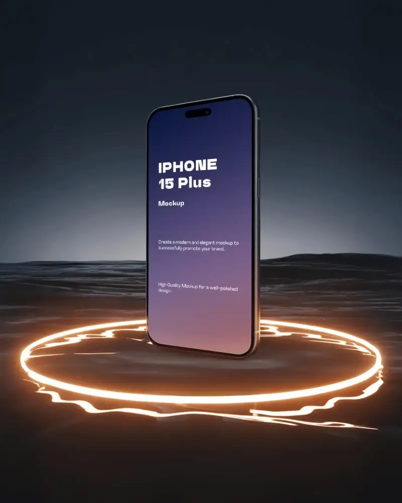 futuristic-iphone-15-plus-mockup-smartphone-standing-on-water-surface-with-glowing-neon-light-ring
