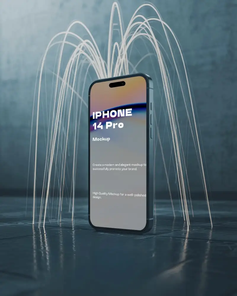 futuristic-iphone-14-pro-mockup-smartphone-standing-on-floor-with-light-trails-curving-like-fountain