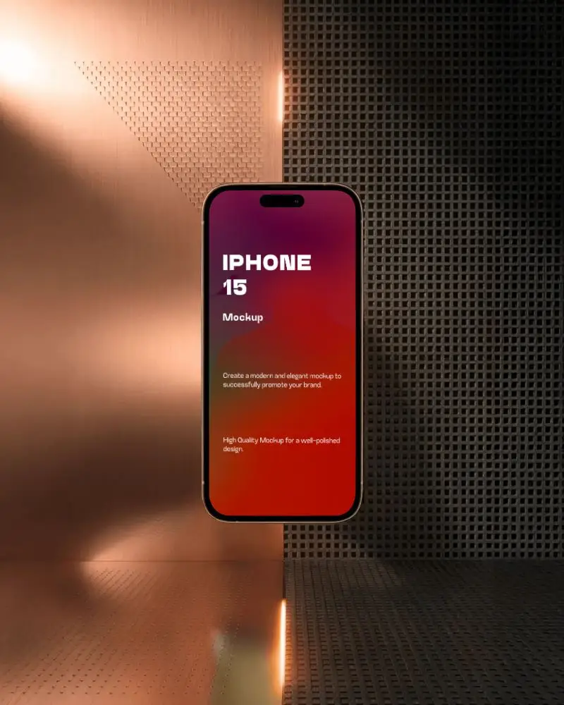 modern-iphone-15-mockup-smartphone-floating-in-industrial-scene-with-metal-and-copper-light-panels