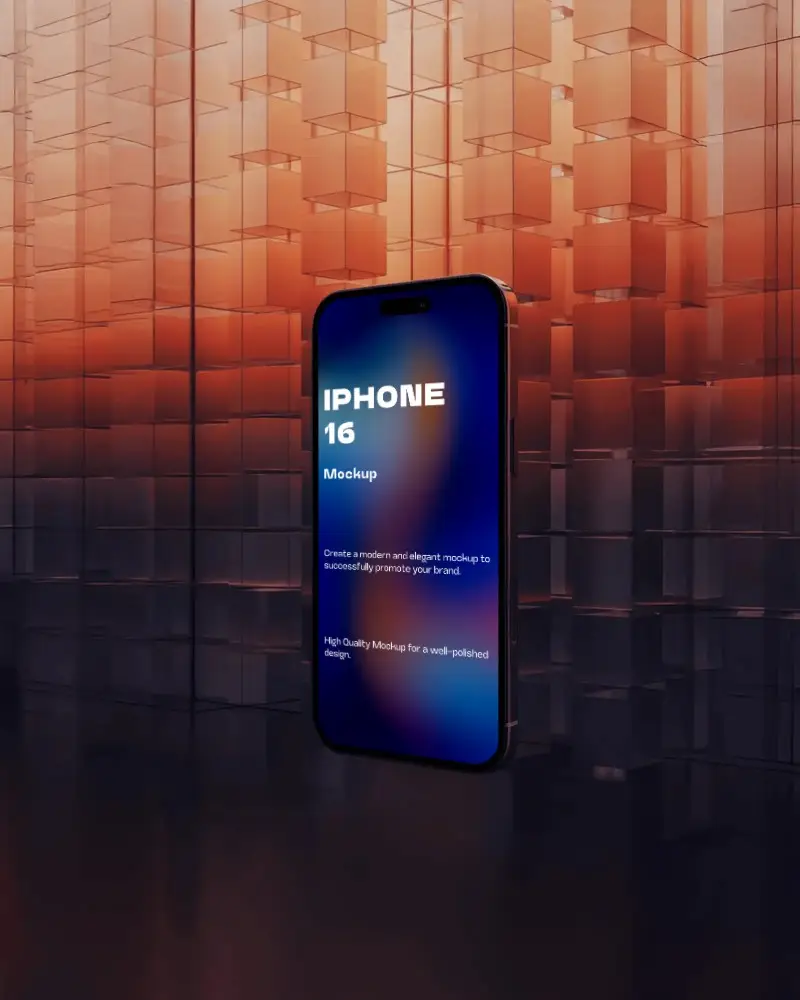 futuristic-iphone-16-mockup-smartphone-floating-in-abstract-glass-structure-with-orange-light-glow