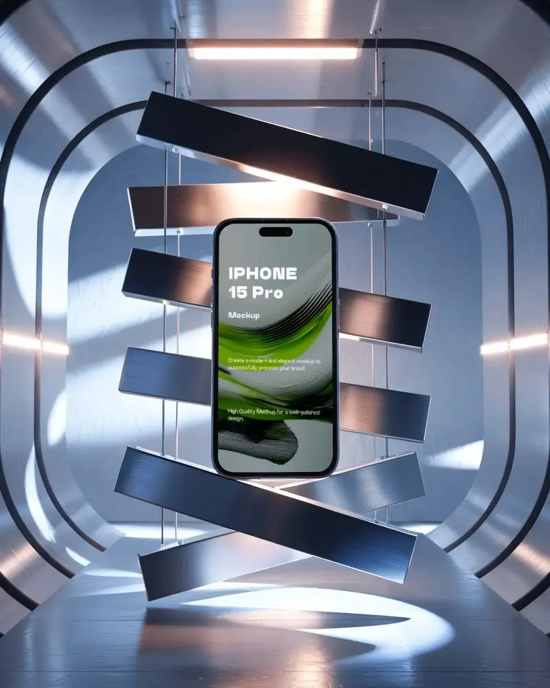 futuristic-iphone-15-pro-mockup-smartphone-floating-in-sci-fi-tunnel-with-metallic-panels-and-lights