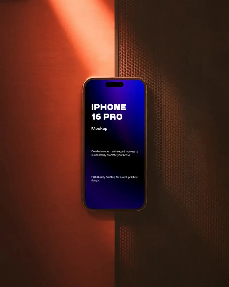 modern-iphone-16-pro-mockup-smartphone-flatlay-on-dark-copper-and-metal-surface-with-warm-light