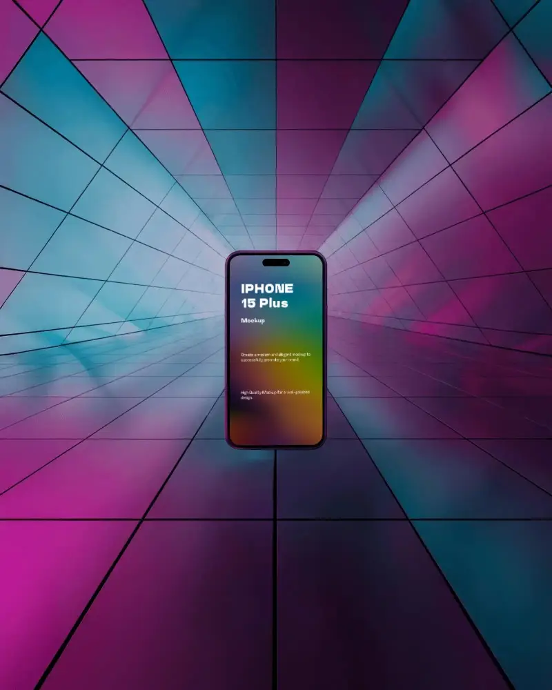 futuristic-iphone-15-plus-mockup-smartphone-in-glowing-neon-tunnel-with-blue-and-pink-light-panels