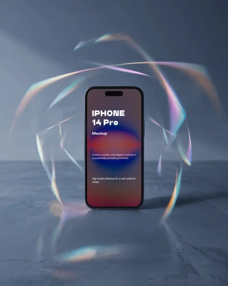 futuristic-iphone-14-pro-mockup-smartphone-surrounded-by-holographic-light-trails-in-studio-setting