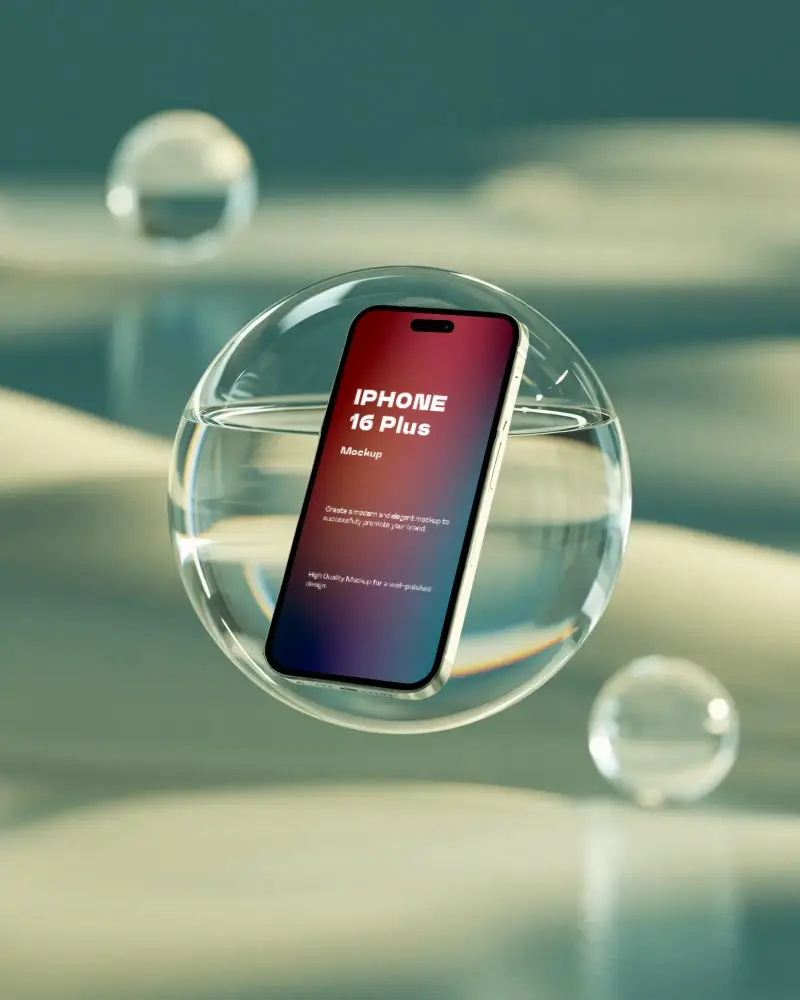 futuristic-iphone-16-plus-mockup-smartphone-floating-inside-glass-bubble-in-surreal-studio-setting