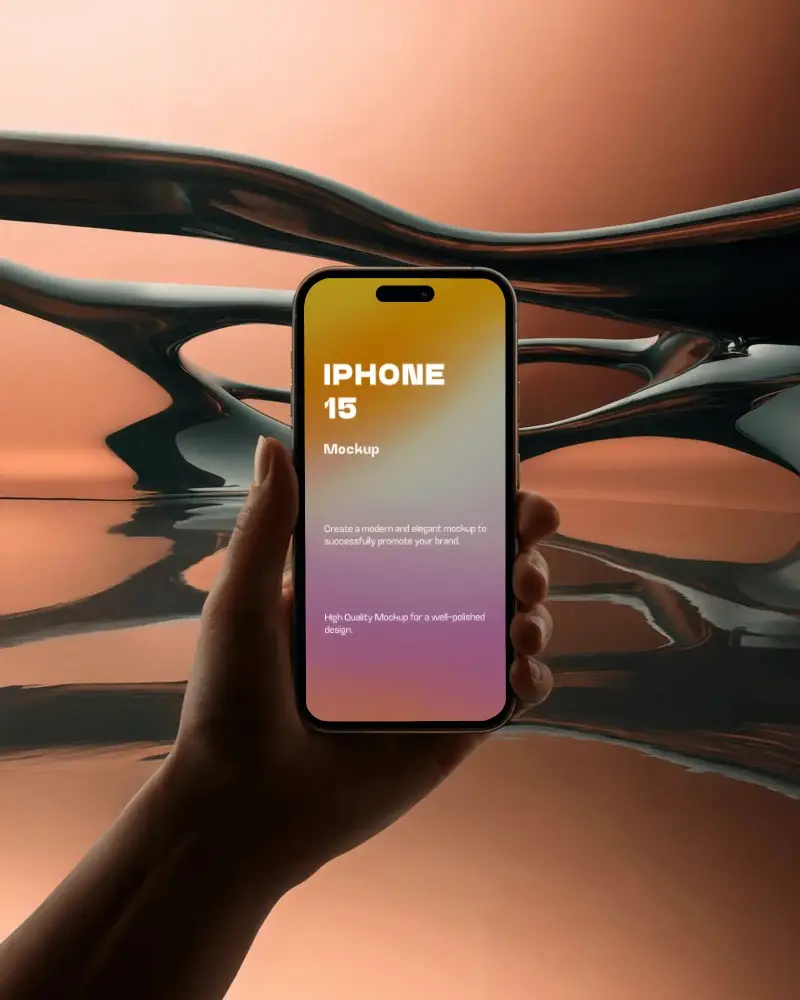 futuristic-iphone-15-mockup-hand-holding-smartphone-against-liquid-metal-background-in-studio-light
