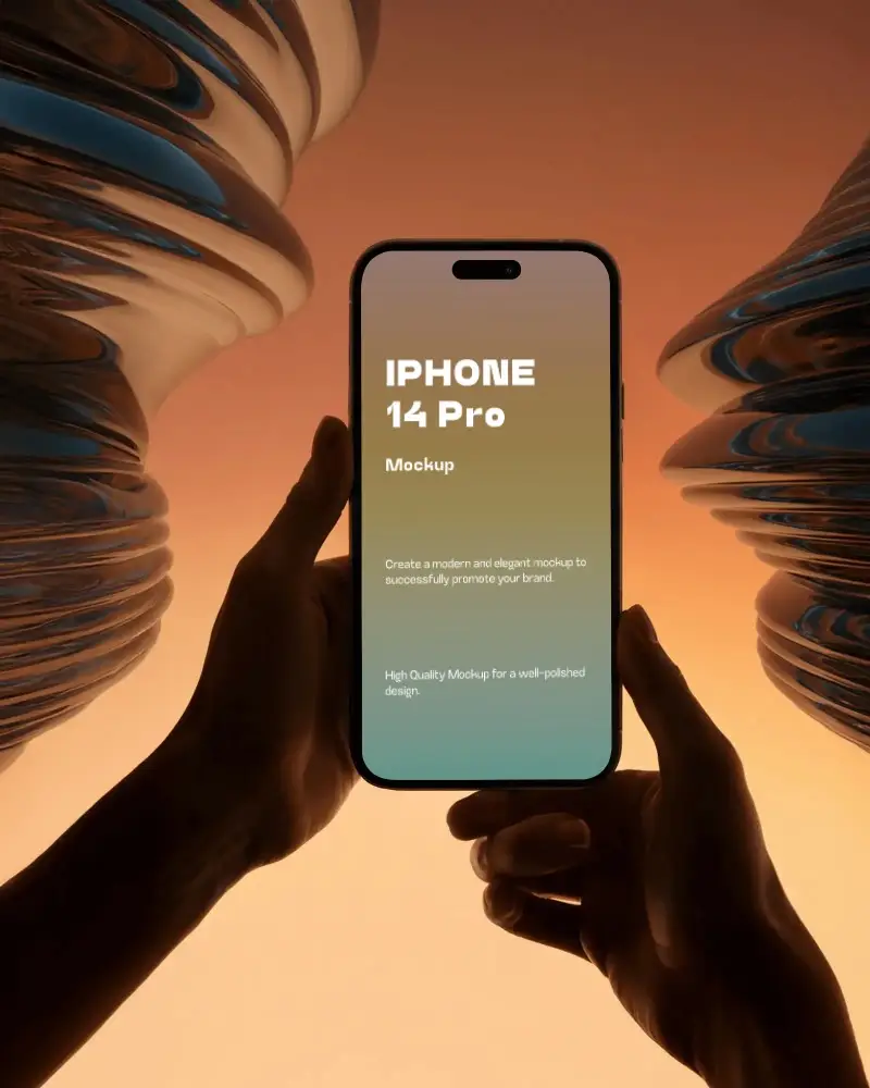 sleek-iphone-14-pro-mockup-device-held-in-both-hands-with-reflective-metal-shapes-and-warm-light