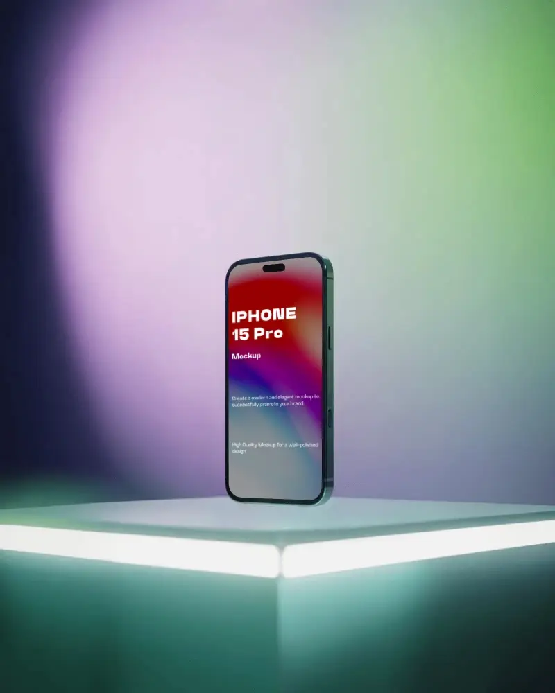 futuristic-iphone-15-pro-mockup-smartphone-above-glowing-platform-with-purple-and-green-light