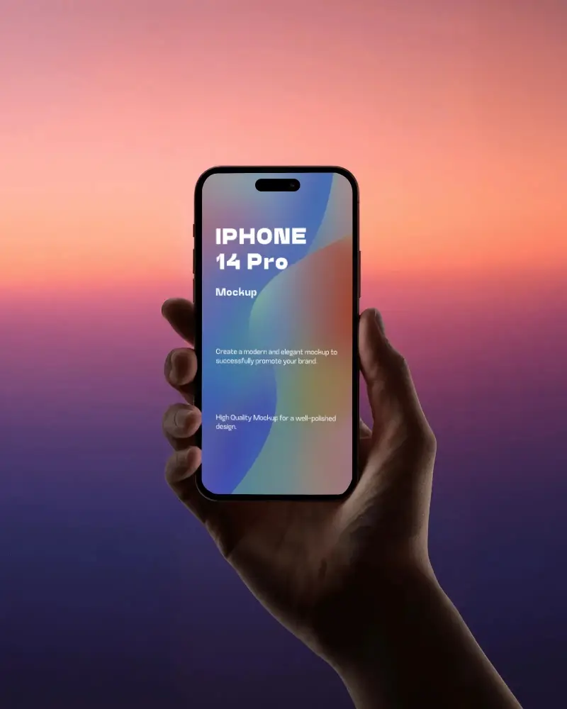 modern-iphone-14-pro-mockup-hand-holding-smartphone-against-vivid-sunset-gradient-sky-background