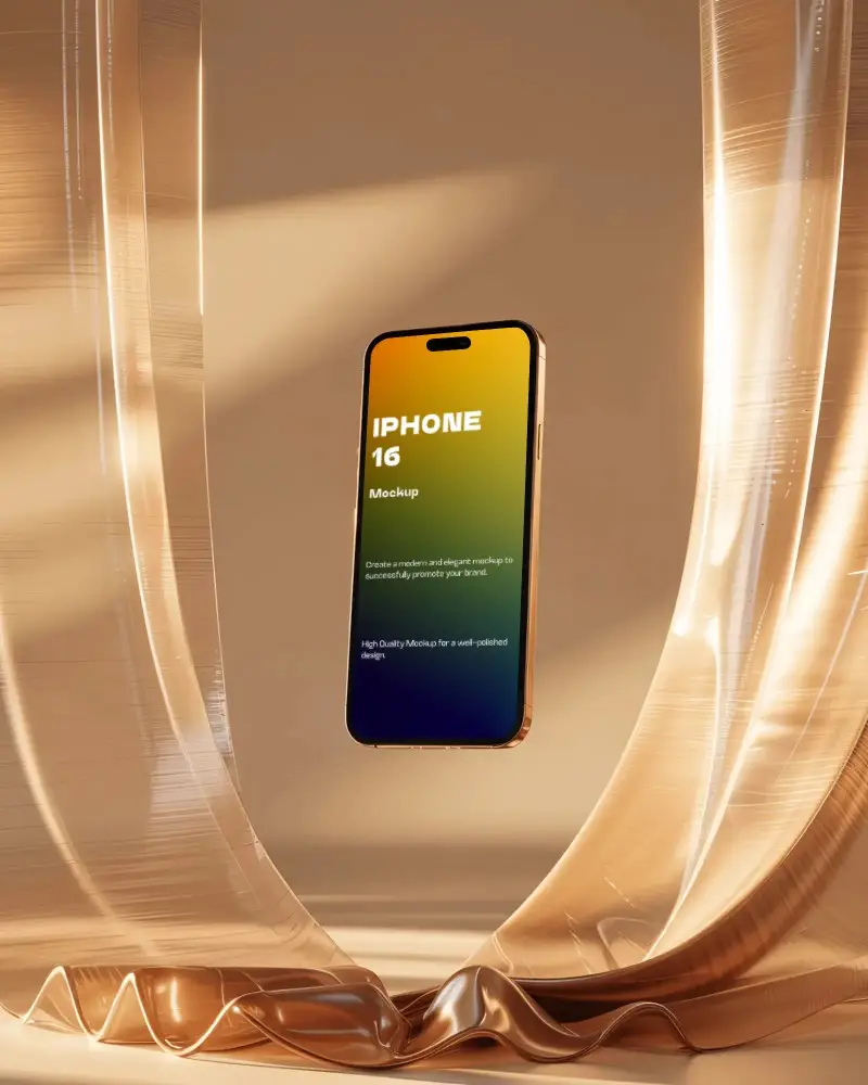 futuristic-iphone-16-mockup-smartphone-floating-amidst-translucent-golden-curtains-in-studio-light