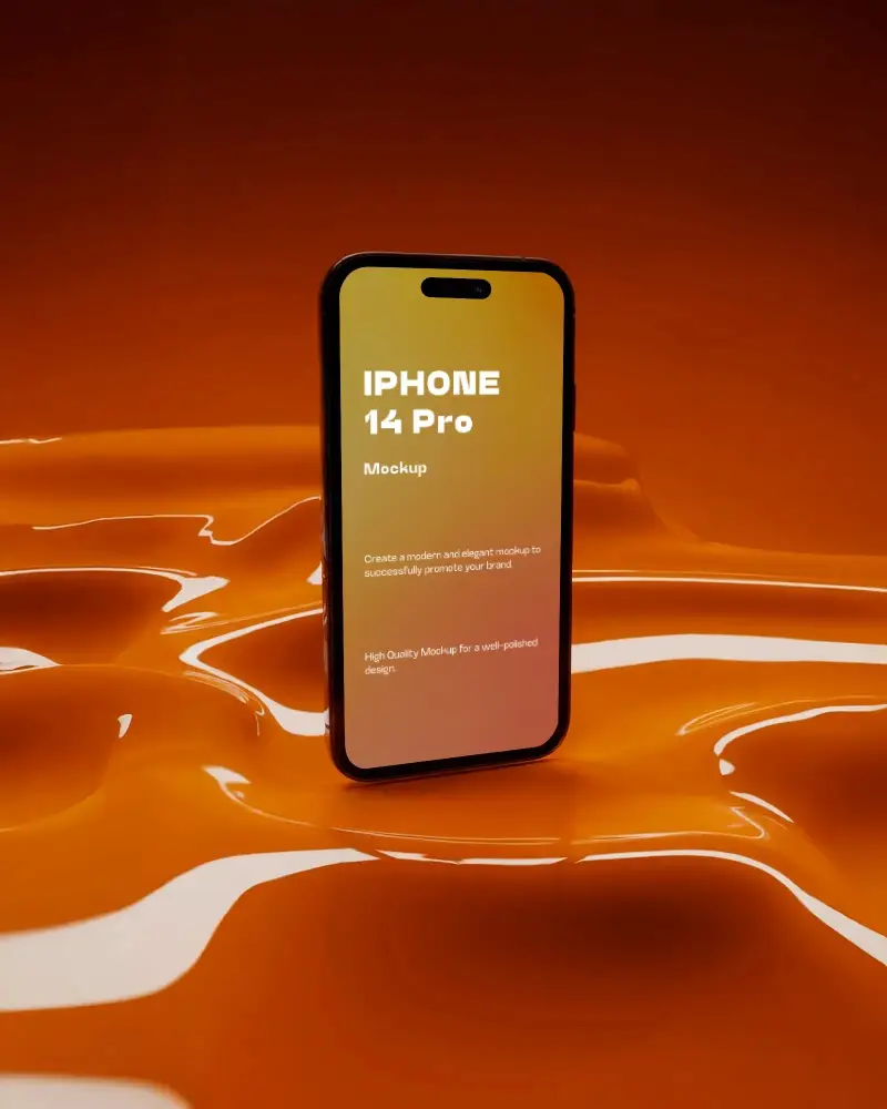 futuristic-iphone-14-pro-mockup-smartphone-standing-on-glossy-liquid-orange-surface-in-studio-light