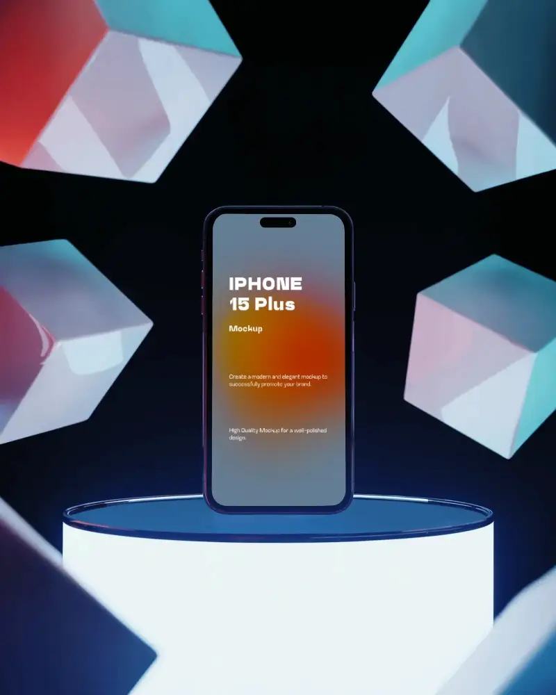 futuristic-iphone-15-plus-mockup-smartphone-on-glowing-podium-surrounded-by-floating-3d-cubes