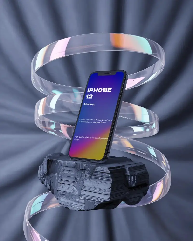 futuristic-iphone-12-mockup-floating-on-dark-stone-base-with-iridescent-spiral-rings-background