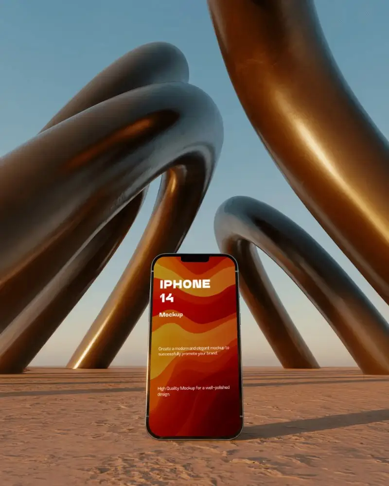 futuristic-iphone-14-mockup-smartphone-standing-on-sand-with-giant-metal-arches-in-modern-scenery