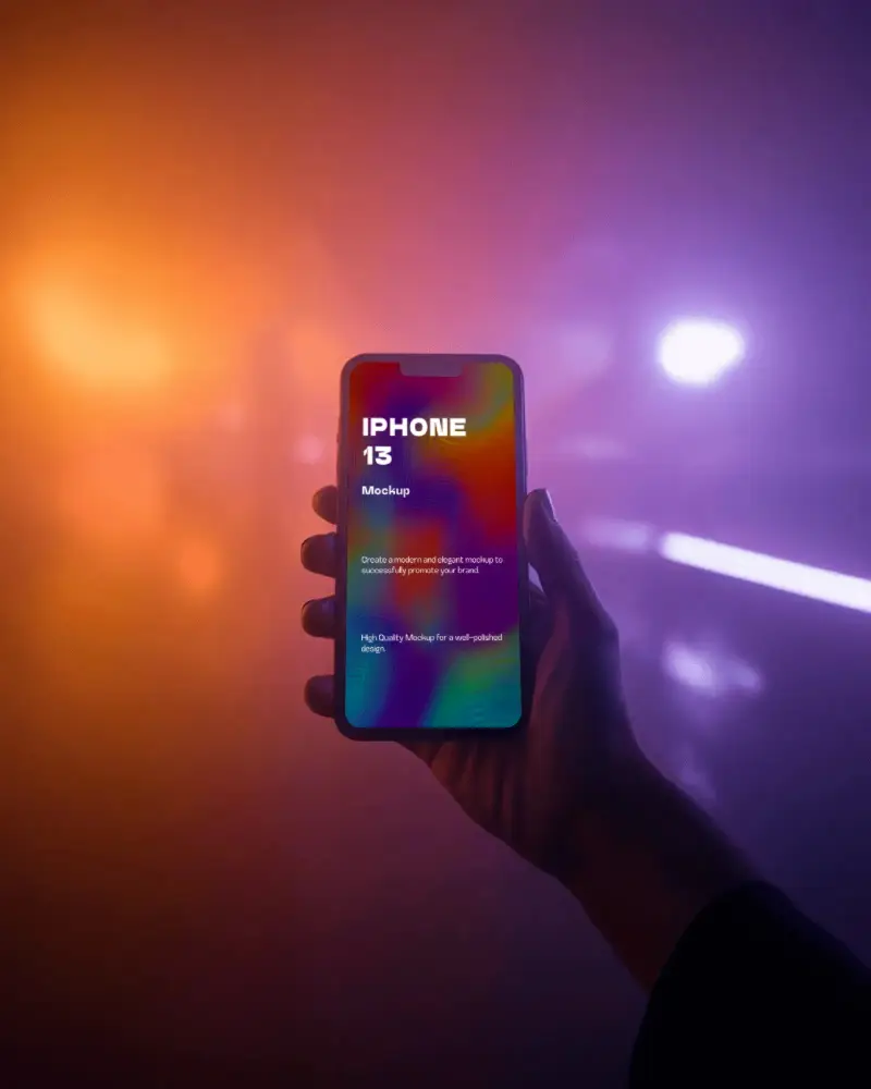 futuristic-iphone-13-mockup-hand-holding-smartphone-against-purple-and-orange-neon-lighting-scene