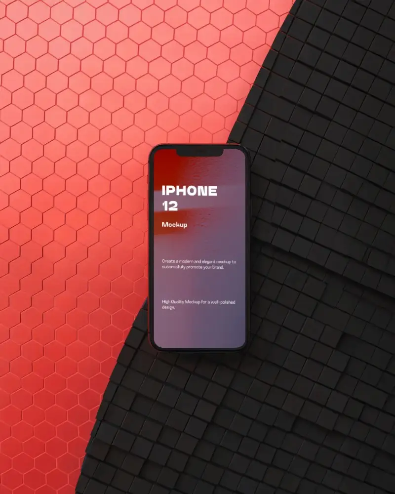 modern-iphone-12-mockup-smartphone-on-red-hexagon-and-black-square-geometric-abstract-background