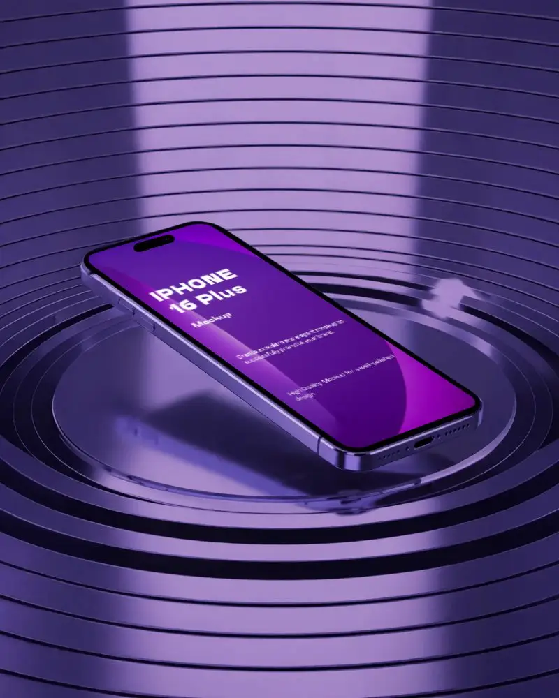 Modern Tech Iphone 16 Plus Mockup Minimalist Style With Glowing Purple Lighting