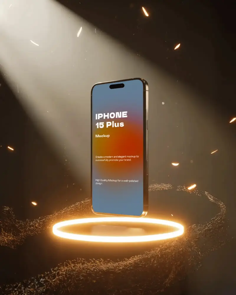 Artistic Iphone 15 Plus Mockup Fantasy Lighting Scene With Floating Smartphone