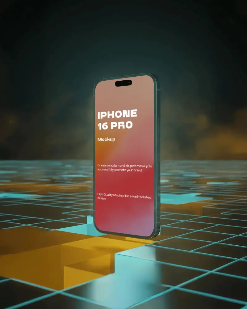 Digital Grid Iphone 16 Pro Mockup Floating Smartphone Scifi Environment With Glowing Tiles