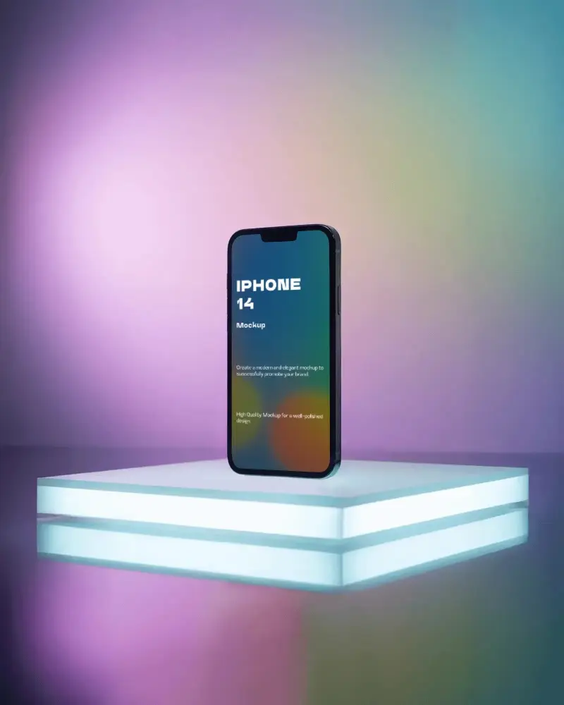 Sleek Iphone 14 Mockup Modern Tech Visual On Illuminated Podium Against Gradient Glow