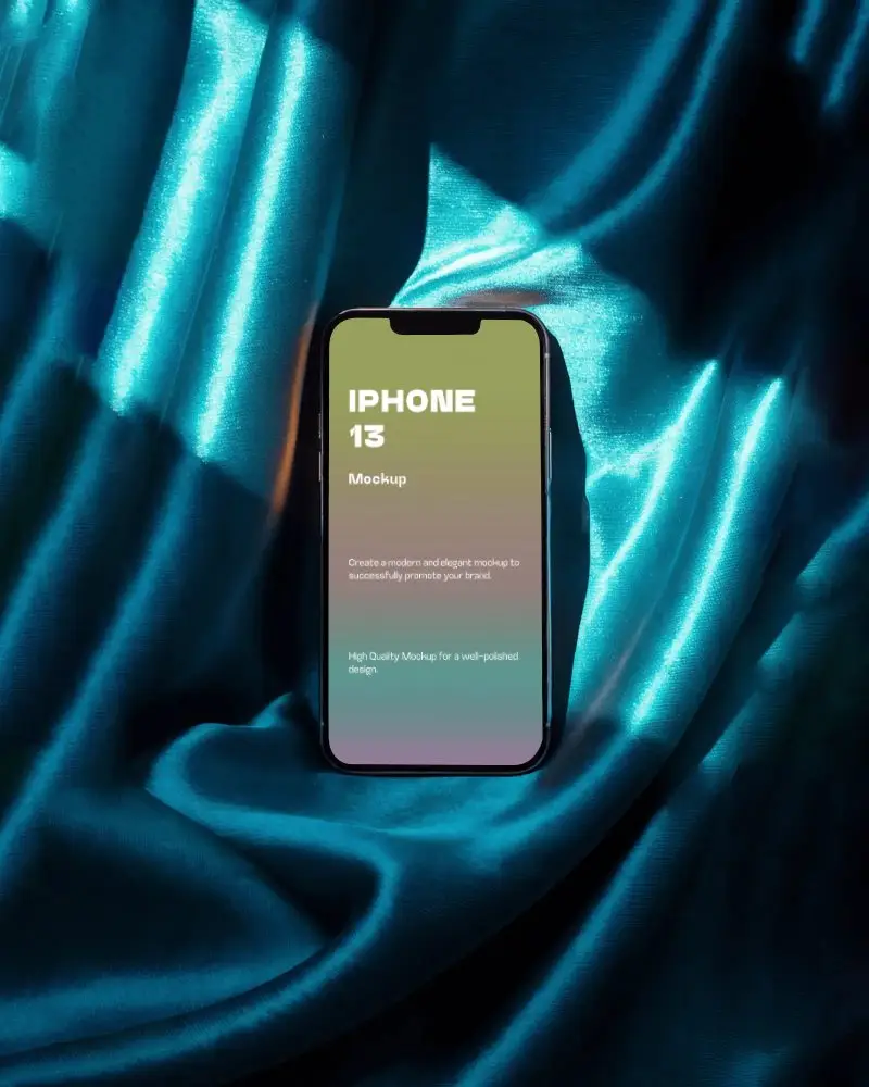 Bold Iphone 13 Mockup Stylish Dark Smartphone Against Glossy Blue Satin Lighting