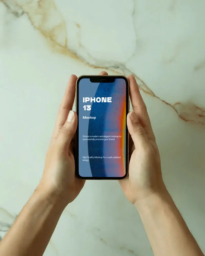 Iphone 13 Mockup Hands Holding Smartphone Above Luxury Marble Surface Minimal Modern Aesthetic