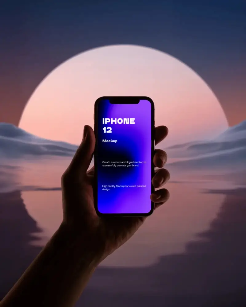 Iphone 12 Mockup Handheld Smartphone Silhouette Against Dreamy Sunset Horizon Minimal Style